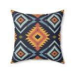 Square Pillow - Navy Blue, Orange, Yellow, Light Blue, and Silver Aztec Southwestern Pattern Design