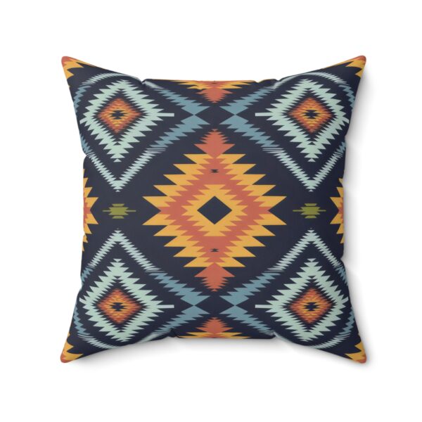 Square Pillow - Navy Blue, Orange, Yellow, Light Blue, and Silver Aztec Southwestern Pattern Design
