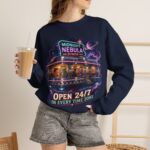 Midnight Nebula Diner Sweatshirt — "Open 24/7 in Every Time Zone"