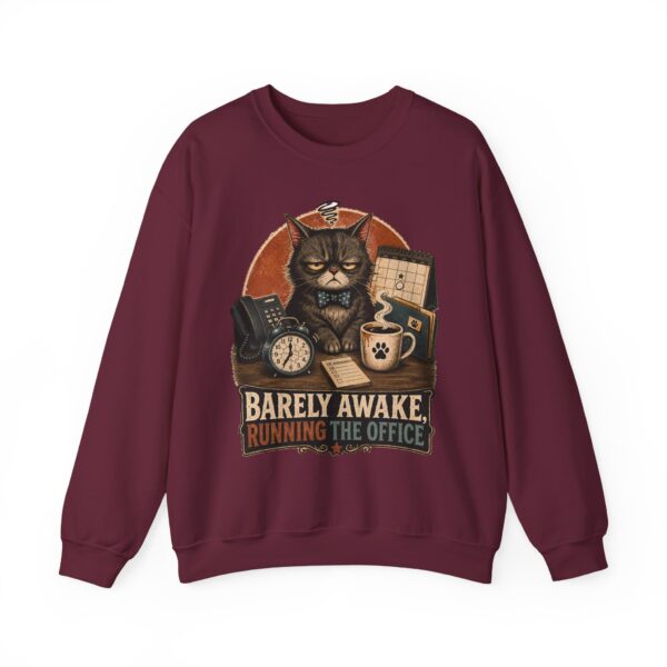 Cat Office Sweatshirt — "Barely Awake, Running the Office" Cozy Crewneck