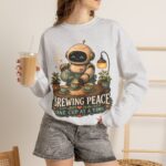 Brewing Peace Robot Sweatshirt — "Brewing Peace One Cup at a Time" Cozy Crewneck