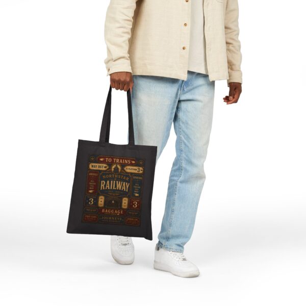 Railway Vintage Sign Tote Bag — Retro Train Station Canvas Tote antique train station signage, with bold directional typography, weathered enamel textures, and classic rail-era layou