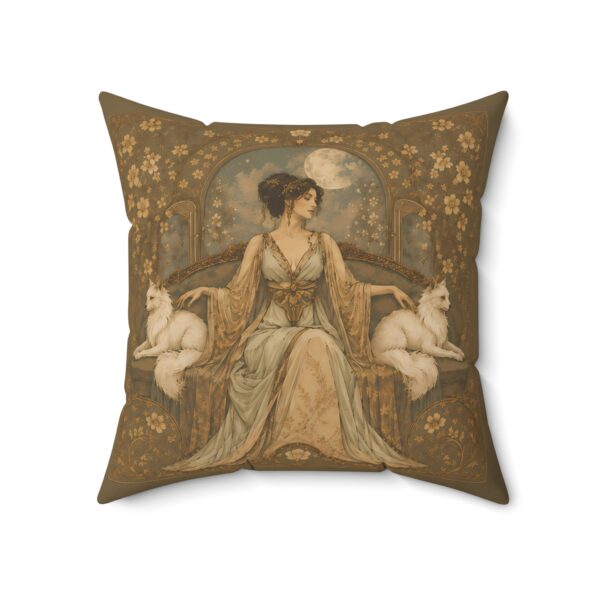 Moonlit Art Nouveau Guardian Pillow — Vintage Woman with White Foxes