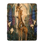 Giraffe & Cats Sherpa Blanket — Art Nouveau Floral Cozy Throw