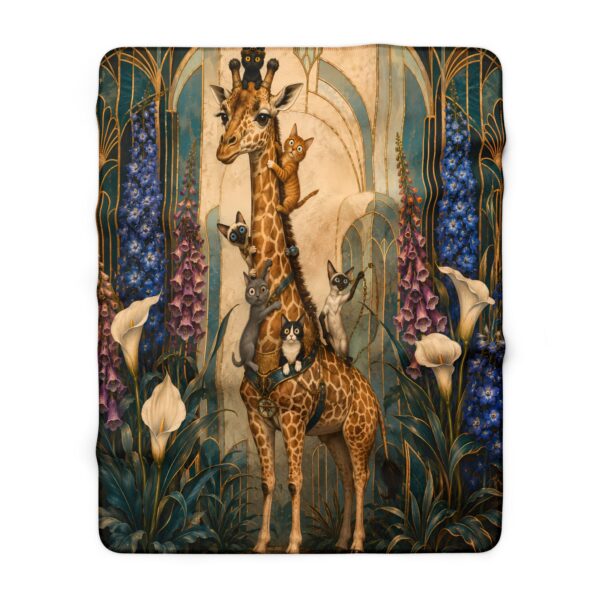 Giraffe & Cats Sherpa Blanket — Art Nouveau Floral Cozy Throw