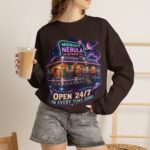Midnight Nebula Diner Sweatshirt — "Open 24/7 in Every Time Zone"