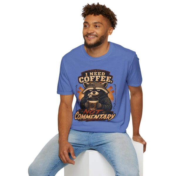 I Need Coffee Not Commentary Raccoon T-Shirt — Funny Coffee Lover Graphic Tee