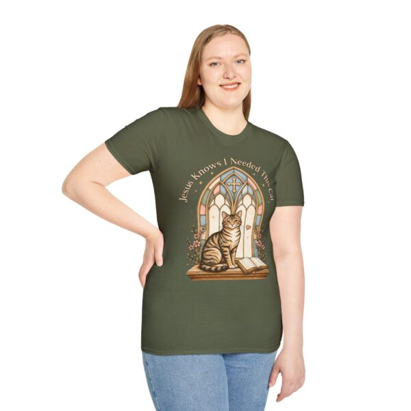 Cat Prayer T-Shirt — "Jesus Knows I Needed This Cat" Vintage Stained-Glass Design