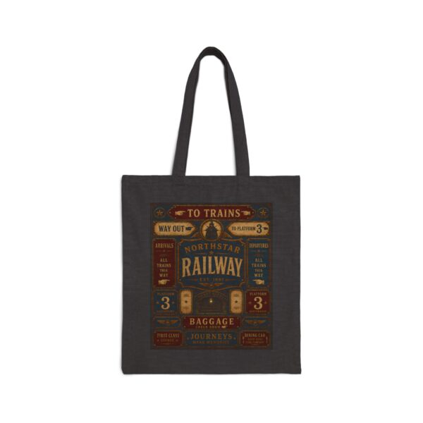 Railway Vintage Sign Tote Bag — Retro Train Station Canvas Tote antique train station signage, with bold directional typography, weathered enamel textures, and classic rail-era layou