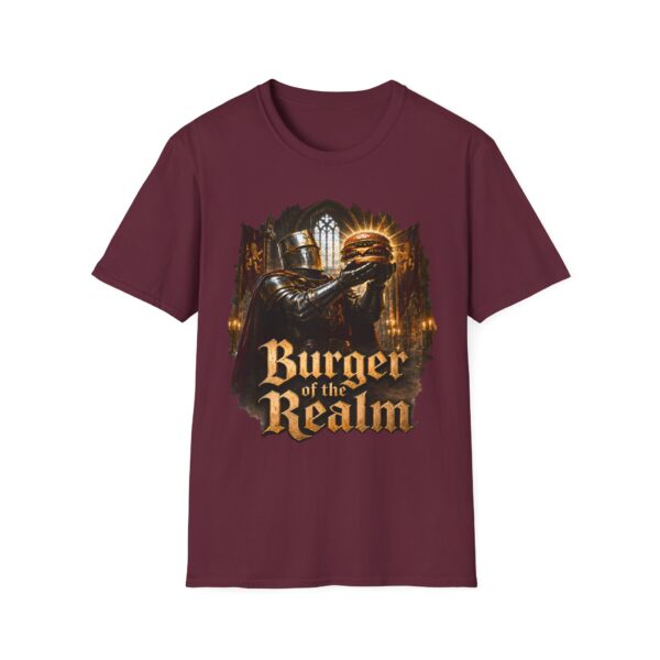 Burger of the Realm T-Shirt — Medieval Knight Holding Burger Graphic Tee