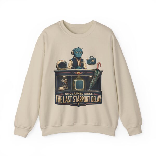 Crewneck Sweatshirt — "Unclaimed Since The Last Starport Delay" Alien Concierge Graphic