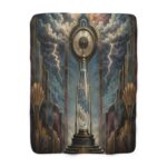 Art Deco Timepiece Sherpa Blanket — Vintage Clock & Stormscape Cozy Throw