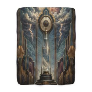 Art Deco Timepiece Sherpa Blanket — Vintage Clock & Stormscape Cozy Throw