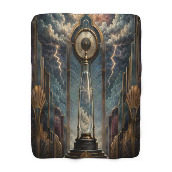 Art Deco Timepiece Sherpa Blanket — Vintage Clock & Stormscape Cozy Throw