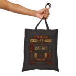 Railway Vintage Sign Tote Bag — Retro Train Station Canvas Tote antique train station signage, with bold directional typography, weathered enamel textures, and classic rail-era layou