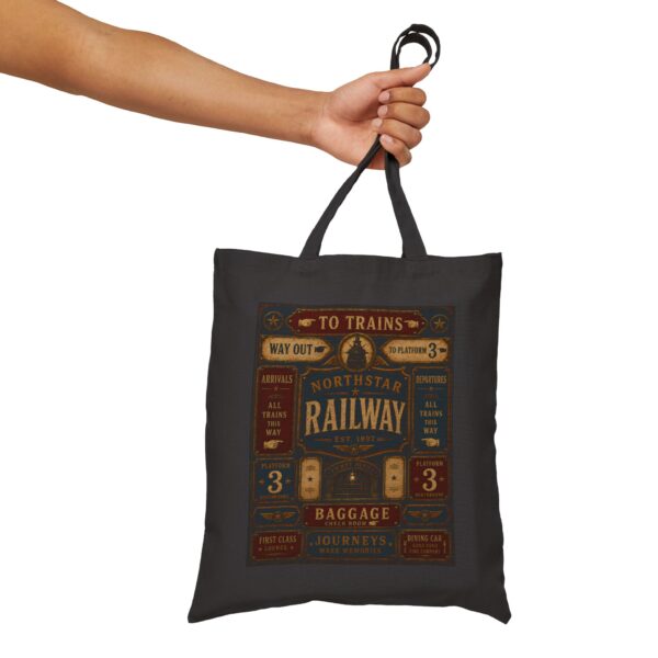 Railway Vintage Sign Tote Bag — Retro Train Station Canvas Tote antique train station signage, with bold directional typography, weathered enamel textures, and classic rail-era layou