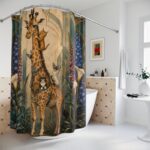 Giraffe & Cats Vintage Botanical Shower Curtain — Storybook Safari Bath Decor