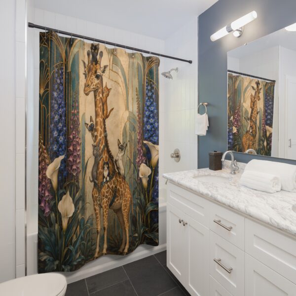 Giraffe & Cats Vintage Botanical Shower Curtain — Storybook Safari Bath Decor