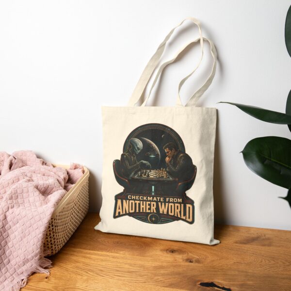 Checkmate From Another World Cotton Canvas Tote — Alien vs Human Chess Graphic