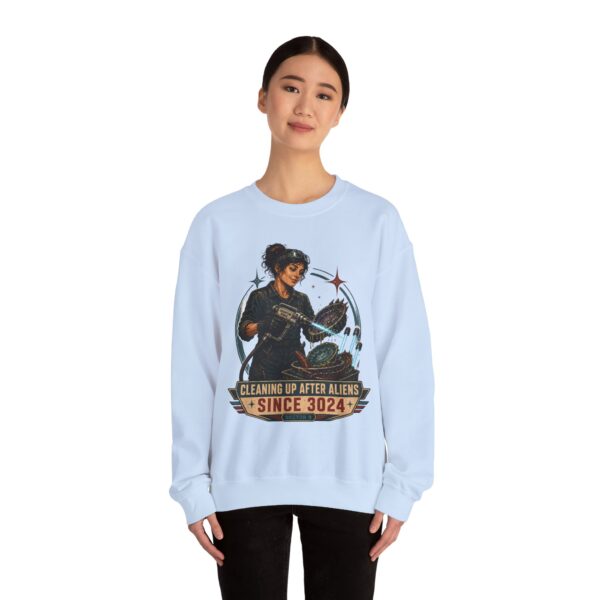 Crewneck Sweatshirt — "Cleaning Up After Aliens Since 3024" Retro Sci‑Fi Crew
