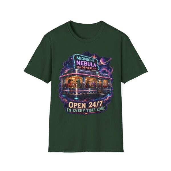 Midnight Nebula Diner T-Shirt — 'Open 24/7 in Every Time Zone' Retro Space Diner Tee