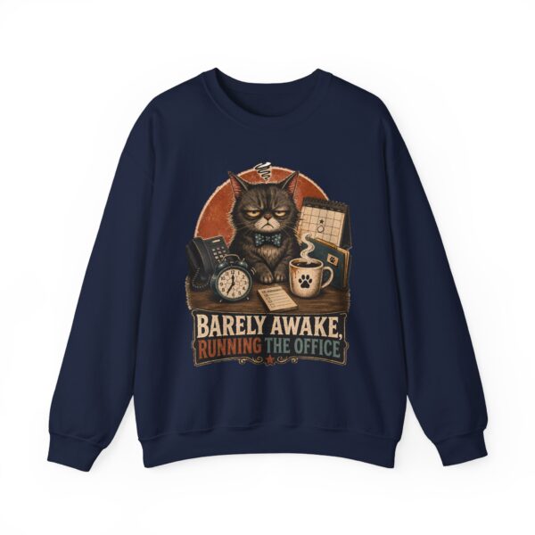 Cat Office Sweatshirt — "Barely Awake, Running the Office" Cozy Crewneck
