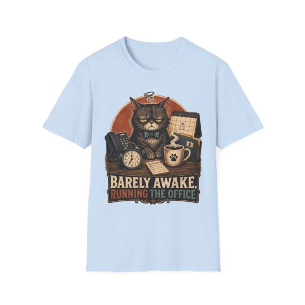 Barely Awake Office Cat T-Shirt — Funny Grumpy Cat Coffee Work Shirt