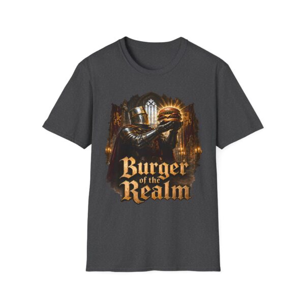 Burger of the Realm T-Shirt — Medieval Knight Holding Burger Graphic Tee