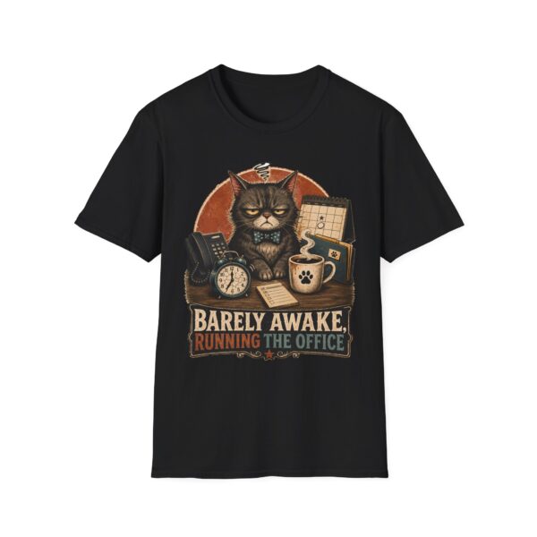 Barely Awake Office Cat T-Shirt — Funny Grumpy Cat Coffee Work Shirt