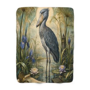 Shoebill Heron Sherpa Blanket – Vintage Botanical Wildlife Throw