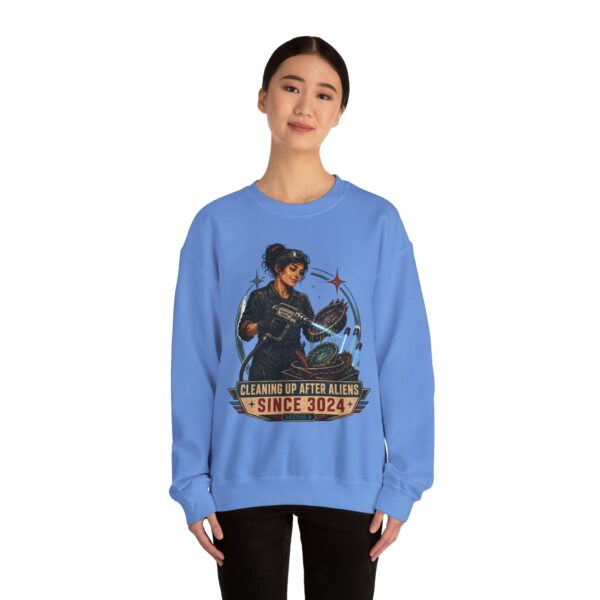 Crewneck Sweatshirt — "Cleaning Up After Aliens Since 3024" Retro Sci‑Fi Crew