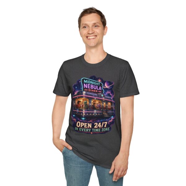 Midnight Nebula Diner T-Shirt — 'Open 24/7 in Every Time Zone' Retro Space Diner Tee