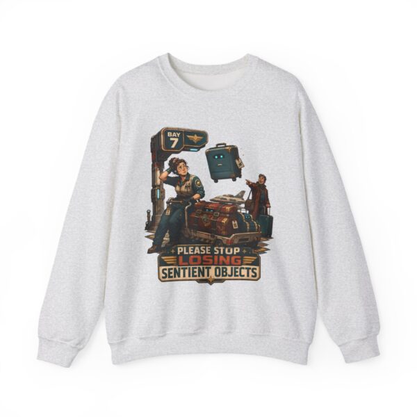 Please Stop Losing Sentient Objects Crewneck Sweatshirt — Retro Sci‑Fi Graphic