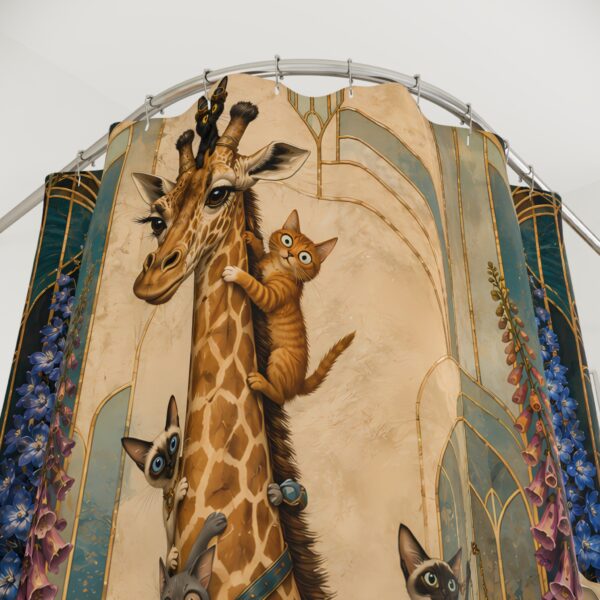 Giraffe & Cats Vintage Botanical Shower Curtain — Storybook Safari Bath Decor