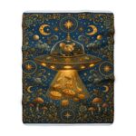 Cosmic Cheese Heist Sherpa Blanket — Whimsical Mouse UFO Fleece Throw