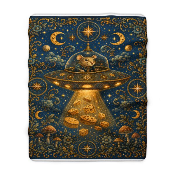 Cosmic Cheese Heist Sherpa Blanket — Whimsical Mouse UFO Fleece Throw