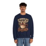 Caffeinated Crewneck Sweatshirt — “My Morning Voice Is Caffeinated” Coffee + Microphone Graphic