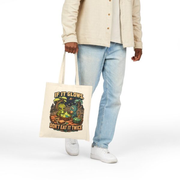 Alien Picnic Tote Bag — "If It Glows, Don't Eat It Twice" Cotton Canvas Grocery Tote