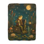 Magical Frog Playing Accordion Sherpa Blanket — Cozy Woodland Moonlight Throw