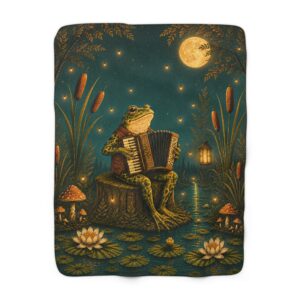 Magical Frog Playing Accordion Sherpa Blanket — Cozy Woodland Moonlight Throw
