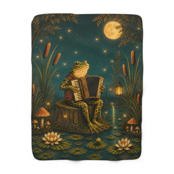 Magical Frog Playing Accordion Sherpa Blanket — Cozy Woodland Moonlight Throw
