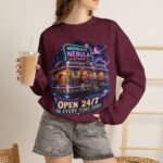 Midnight Nebula Diner Sweatshirt — "Open 24/7 in Every Time Zone"
