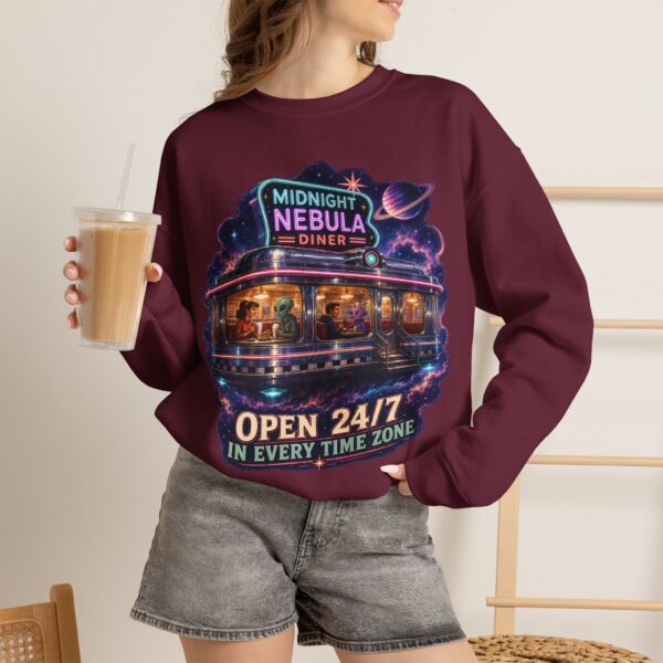 Midnight Nebula Diner Sweatshirt — "Open 24/7 in Every Time Zone"