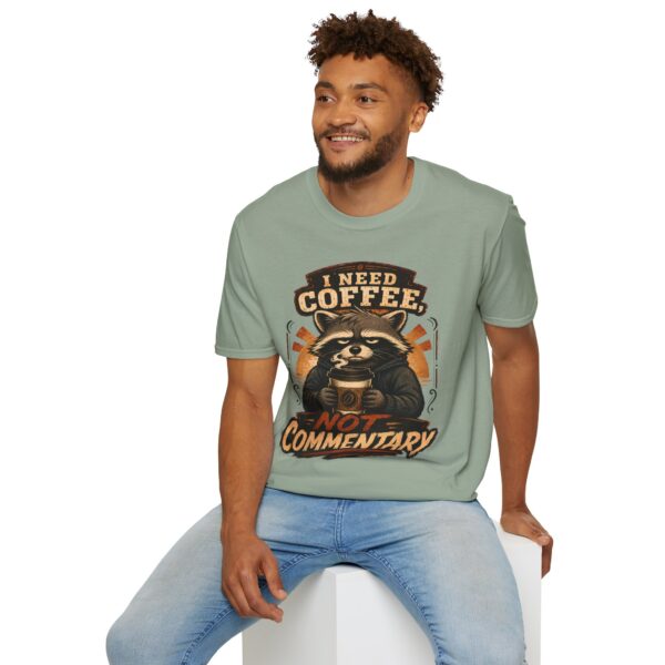 I Need Coffee Not Commentary Raccoon T-Shirt — Funny Coffee Lover Graphic Tee