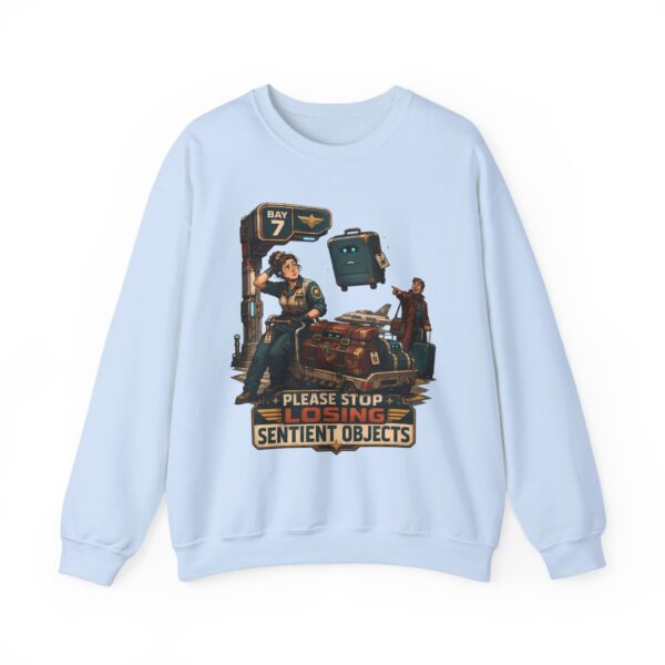 Please Stop Losing Sentient Objects Crewneck Sweatshirt — Retro Sci‑Fi Graphic