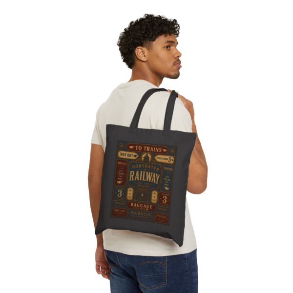 Railway Vintage Sign Tote Bag — Retro Train Station Canvas Tote antique train station signage, with bold directional typography, weathered enamel textures, and classic rail-era layou
