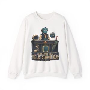 Crewneck Sweatshirt — "Unclaimed Since The Last Starport Delay" Alien Concierge Graphic