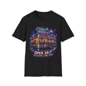 Midnight Nebula Diner T-Shirt — 'Open 24/7 in Every Time Zone' Retro Space Diner Tee