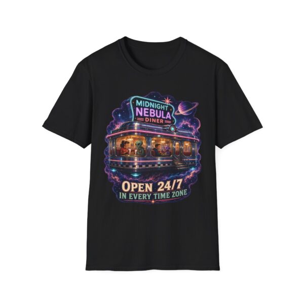 Midnight Nebula Diner T-Shirt — 'Open 24/7 in Every Time Zone' Retro Space Diner Tee