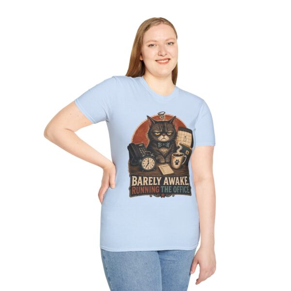 Barely Awake Office Cat T-Shirt — Funny Grumpy Cat Coffee Work Shirt